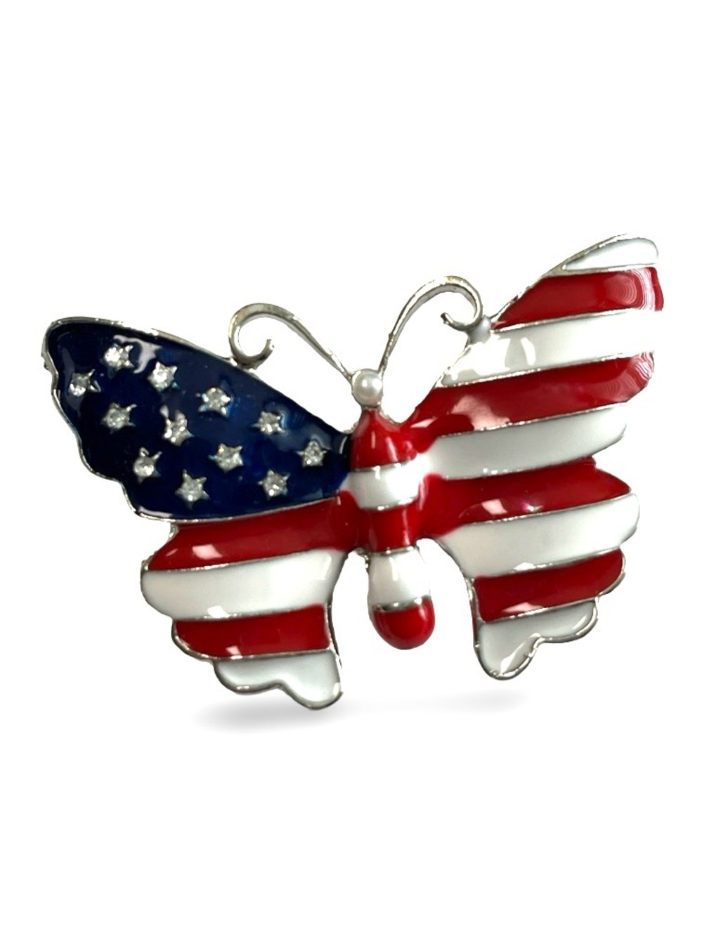 Patriotic Butterfly Brooch - Red White Blue on silver tone base, rhinestones
